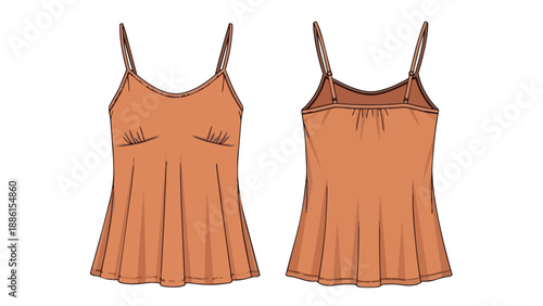 Elegant sleeveless top fashion technical drawing showcasing front and back views for apparel design and clothing illustration purposes, ideal for