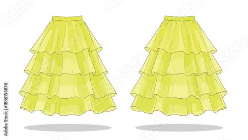 Vibrant lime green tiered ruffle skirt fashion illustration with elegant flowing layers design sketch