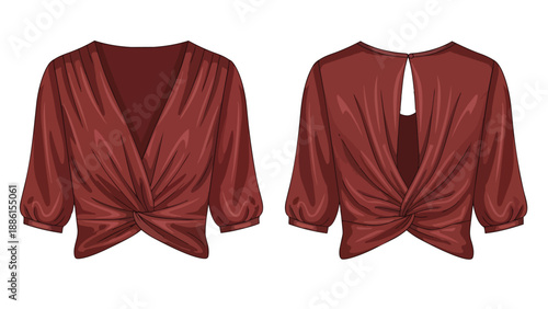 Elegant burgundy women's wrap crop top illustration with a chic front knot and alluring back keyhole design showcasing fashionable long sleeves