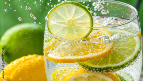 Bright, juicy lime and lemon slices in a refreshing, fizzy drink, citrus lemonade.