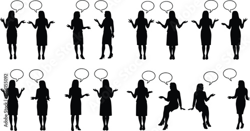 Business woman silhouettes communicating with speech bubbles, conversation poses set, teamwork concept, cad drawing flat vector illustration