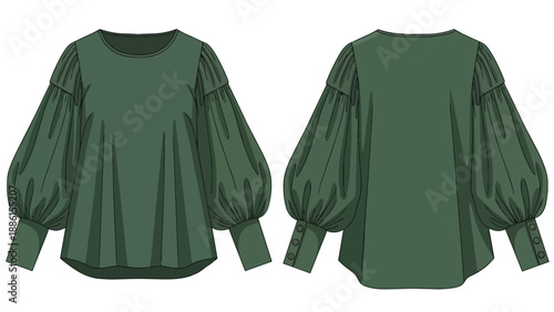 Detailed flat sketch of a women's elegant dark green long-sleeved blouse featuring voluminous balloon sleeves with buttoned cuffs and a relaxed