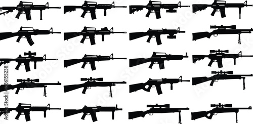 cad drawing flat vector illustration, military rifle silhouettes set, modern assault weapons collection, black firearm icons isolated white background