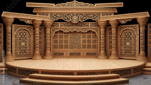 A grand and intricately carved traditional wooden stage setup for cultural events and weddings