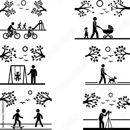 Public Park Activities and Outdoor Lifestyle Stick Figure Vector Set