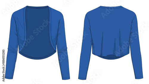 Modern cobalt blue long sleeve cropped bolero cardigan technical fashion drawing showcasing front and back apparel design for contemporary women's