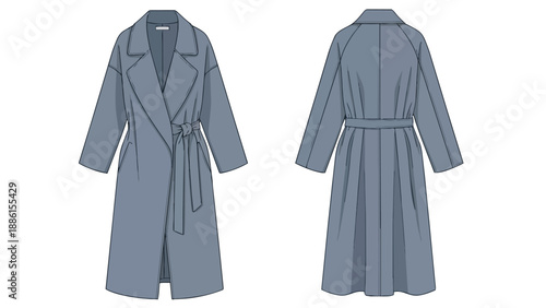 Stylish technical flat sketch showcasing a women's long wrap trench coat, complete with front and back views for fashion design and apparel creation