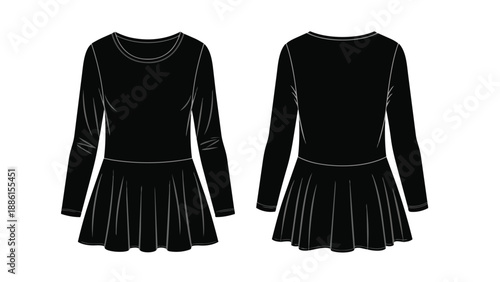 Sleek long-sleeve peplum dress flat technical sketch offering a modern apparel design template for fashion creatives and garment manufacturers an