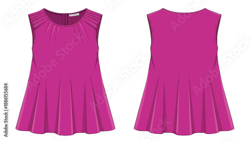 Elegant sleeveless magenta garment with pleated skirt design front and back technical drawing fashion illustration
