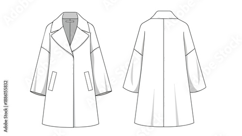 Modern women's oversized coat technical drawing showcasing front and back views for fashion design and apparel pattern creation