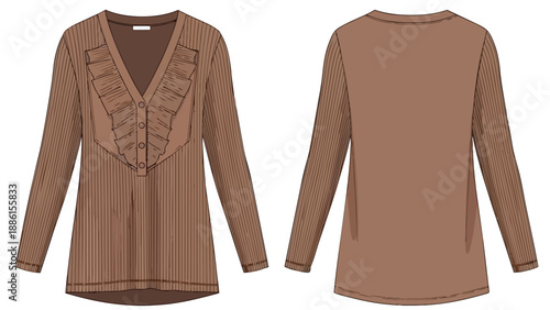 Detailed fashion flat drawing of a brown long-sleeved blouse, showcasing a ruffled V-neckline and decorative button placket. Front and back views