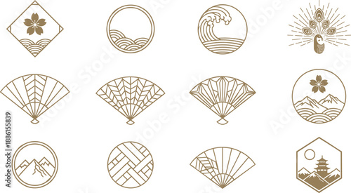 Vector illustration set featuring gold Japanese line art icons with pagodas folding fans and mountains for minimalist branding