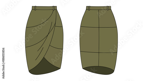 Contemporary olive green draped wrap pencil skirt technical fashion flat drawing vector illustration