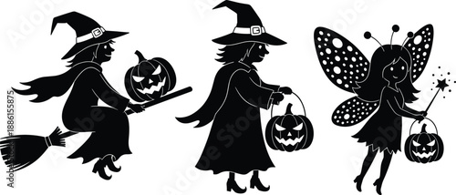 Cute halloween witch silhouettes with pumpkins fairy and broom vector illustration black white spooky kids characters trick or treat art