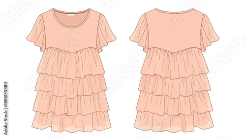 Front and back technical flat drawing of a beautiful tiered ruffle dress with elegant flutter sleeves in a soft blush color perfect for fashion.