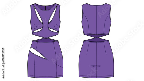 Futuristic violet mini-dress technical flat sketch featuring avant-garde cut-outs, a bold contemporary fashion design illustration for apparel