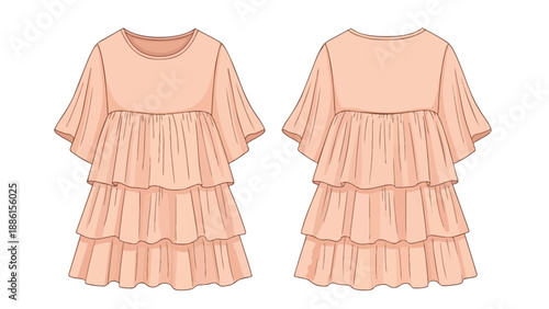 Elegant front and back view of a peach-colored tiered ruffle dress design flat sketch illustration