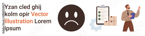 Business solutions, logistics management, challenges, workflow organization, inventory control, problem-solving. Sad face, checklist gear icon man gesturing by boxes. Business solutions