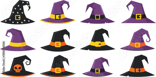 Halloween witch hats collection colorful cartoon vector illustration spooky magic accessories set for party decoration costume design icons
