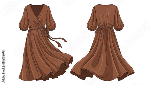 A flowy, V-neck, long-sleeved wrap dress with a tie waist, presented in both front and back views. This versatile garment design showcases elegant