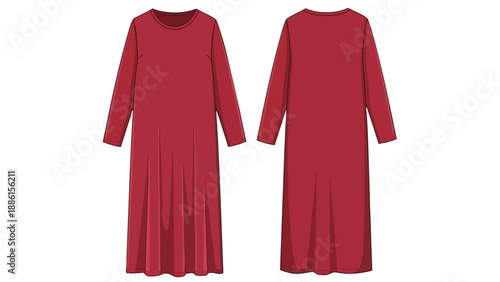 Solid crimson midi dress design front and back view minimalist apparel illustration for fashion projects, comfortable versatile garment representation