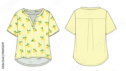 Vibrant lemon-patterned fashion flat technical drawing of a short-sleeve women's blouse with a V-notch neckline and curved hemline design illustration