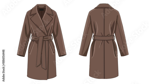 Elegant women's belted trench coat front and back views in a classic brown hue detailed fashion illustration for outerwear design and styling