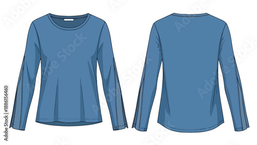 Blue long-sleeve women's top technical drawing showing front and back views with subtle sleeve details. This clean illustration is essential for