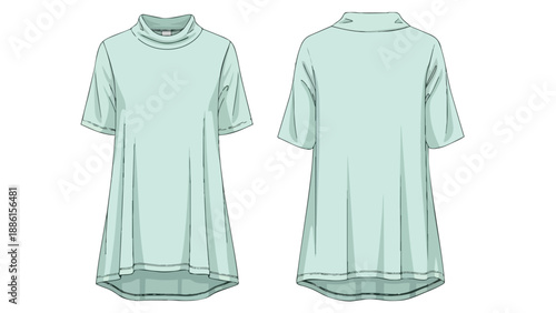 Technical illustration of a minimalist light teal tunic with a comfortable mock neck and short wide sleeves, showcasing both front and back views