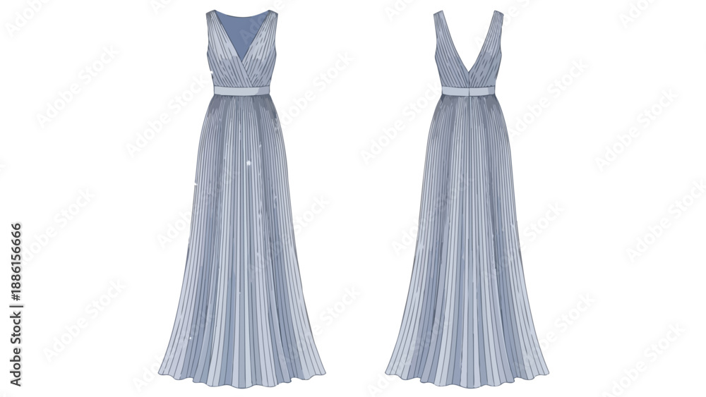 Obraz premium Elegant sleeveless maxi dress illustration with a delicate V-neckline and intricate pleated skirt design perfect for formal occasions and fashion