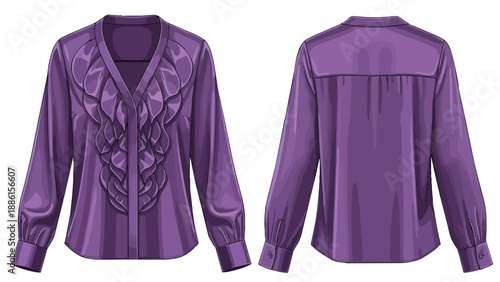 Elegant long-sleeved purple blouse with ruffled front detail fashion illustration garment design