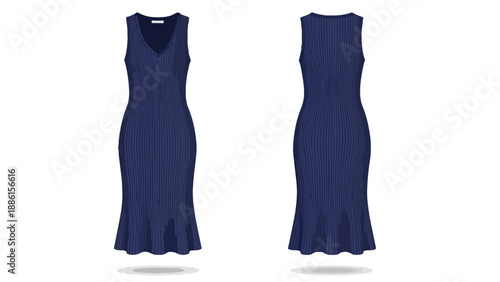 Elegant ribbed navy blue sleeveless midi dress with v-neckline and gentle flared hem front and back views on white for fashion apparel design