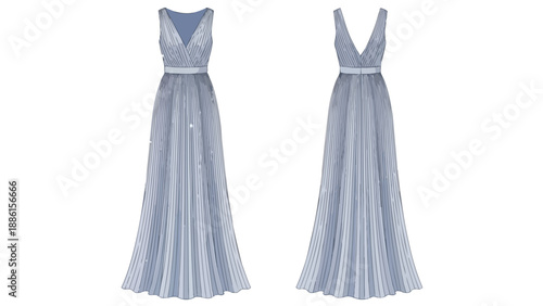 Elegant sleeveless maxi dress illustration with a delicate V-neckline and intricate pleated skirt design perfect for formal occasions and fashion
