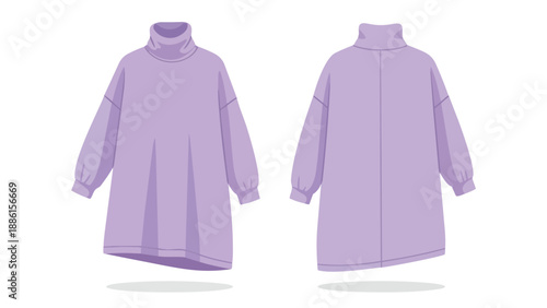Oversized lavender turtleneck dress. Front and back views displayed clearly. Relaxed fit, comfortable long sleeves. Modern casual fashion apparel