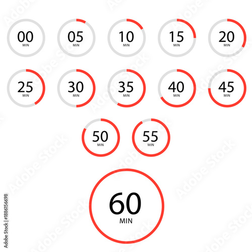 Digital timer and progress circle icons set. Vector countdown symbols with orange arc showing 5-minute intervals.