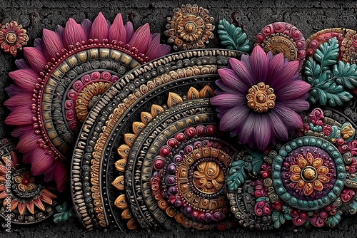 Wallpaper Mural Vibrant Floral Mandala Design with Textured Detail and Decorative Elements. Torontodigital.ca