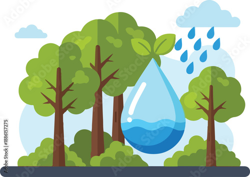 Protecting Ecosystems A Vibrant Illustration of Nature's Water Cycle with Trees and Rain