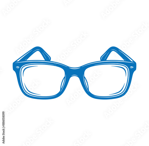Blue glasses with clear lenses and triangular temple tips  a simple illustration