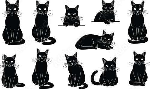 Black cat silhouette set cute feline collection sitting standing lying poses whiskers pet animal vector illustration isolated design