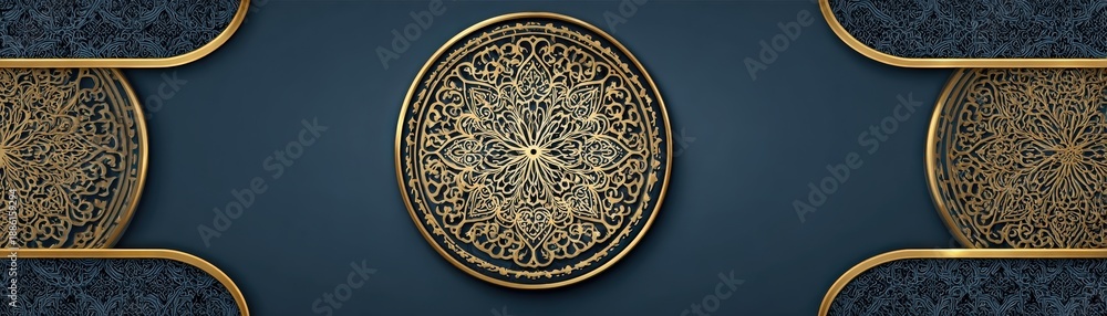 Fototapeta premium An intricate circular design featuring ornate patterns in gold against a dark background, creating a striking visual appeal.