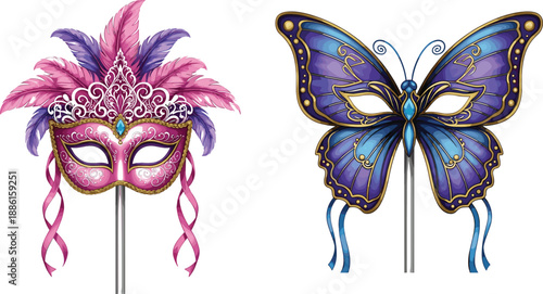 Venetian carnival masks set butterfly and feather masquerade costume decorative fantasy party accessory colorful ornate vector illustration isolated