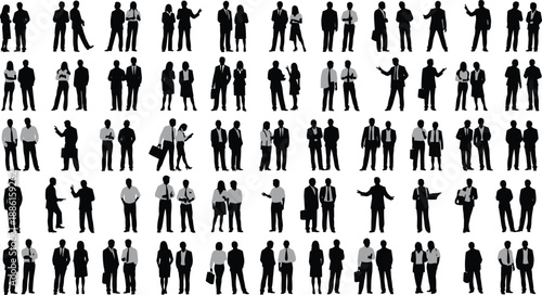 Silhouettes of businesspeople in pairs interacting through gestures, conversation, and formal postures in grid layout