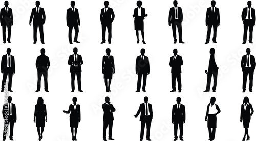 Silhouettes of 24 business professionals in formal attire and varied postures, arranged in three-row grid layout