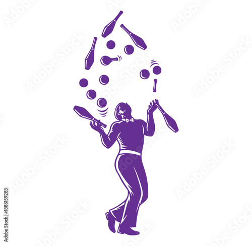 man juggling bottles and clubs in a circus performance with balls