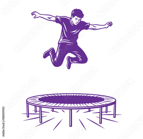 Man jumping on trampoline in purple illustration style recreational activity