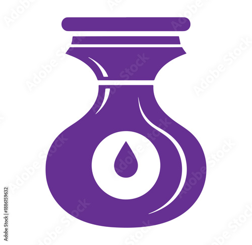 Purple bottle with a drop of liquid inside on white background