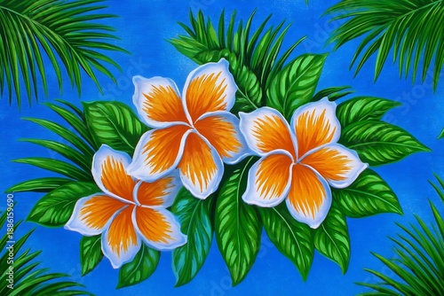 Wallpaper Mural Vibrant Tropical Plumeria Flowers with Lush Green Foliage on Blue Background. Torontodigital.ca