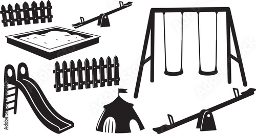 Black and white illustration of a playground with swings and slides