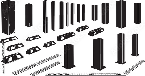 Collection of various black metal fence post components and parts