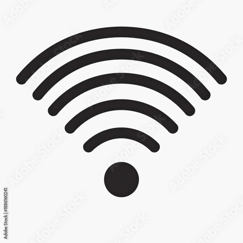 Solid black Wi-Fi symbol with five curved signal bars and a central dot, representing wireless internet connectivity, network signal strength, and online access.